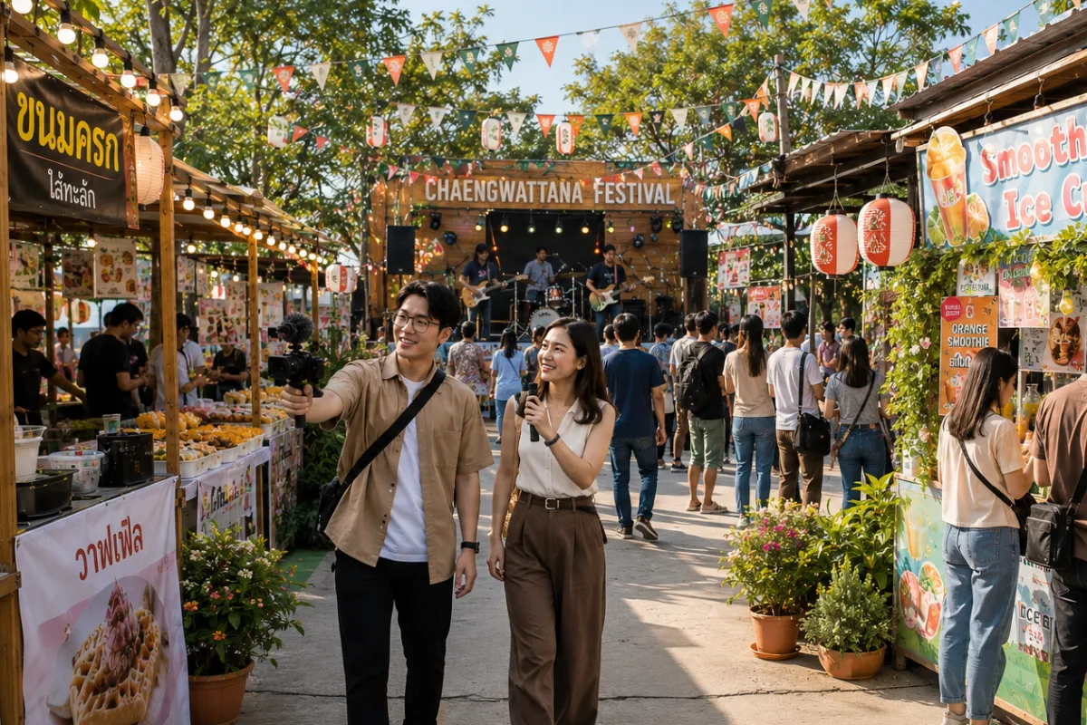 โปรโมทข่าวและอีเวนต์ในย่านแจ้งวัฒนะ พร้อมนักรีวิวกำลังถ่ายวิดีโอ